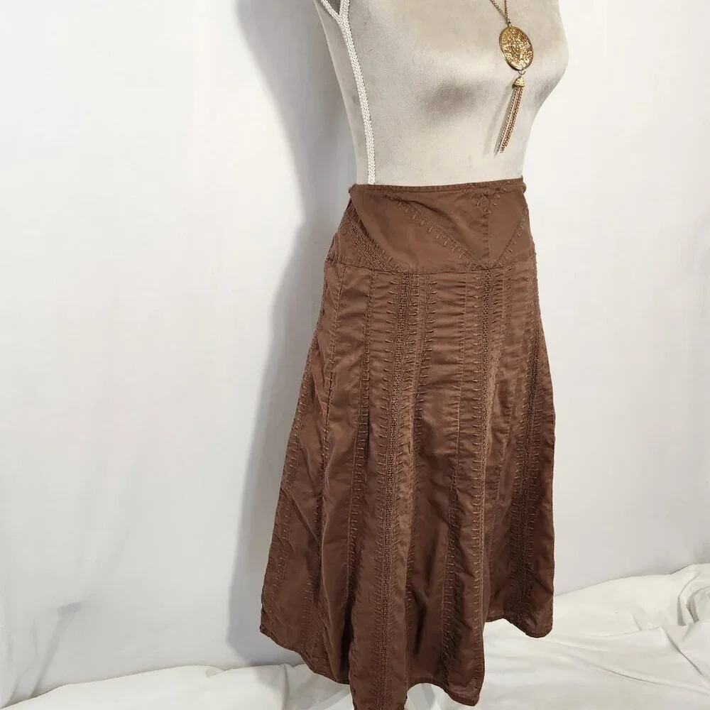 J. Jill Women’s Size 10P Dark Brown A-line Embroidered Lined Cotton MIDI Skirt